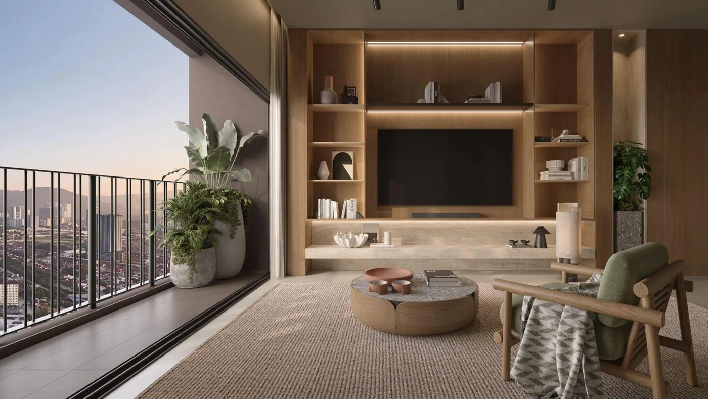 Artist's impression of a warm contemporary living area with balcony at Ophira