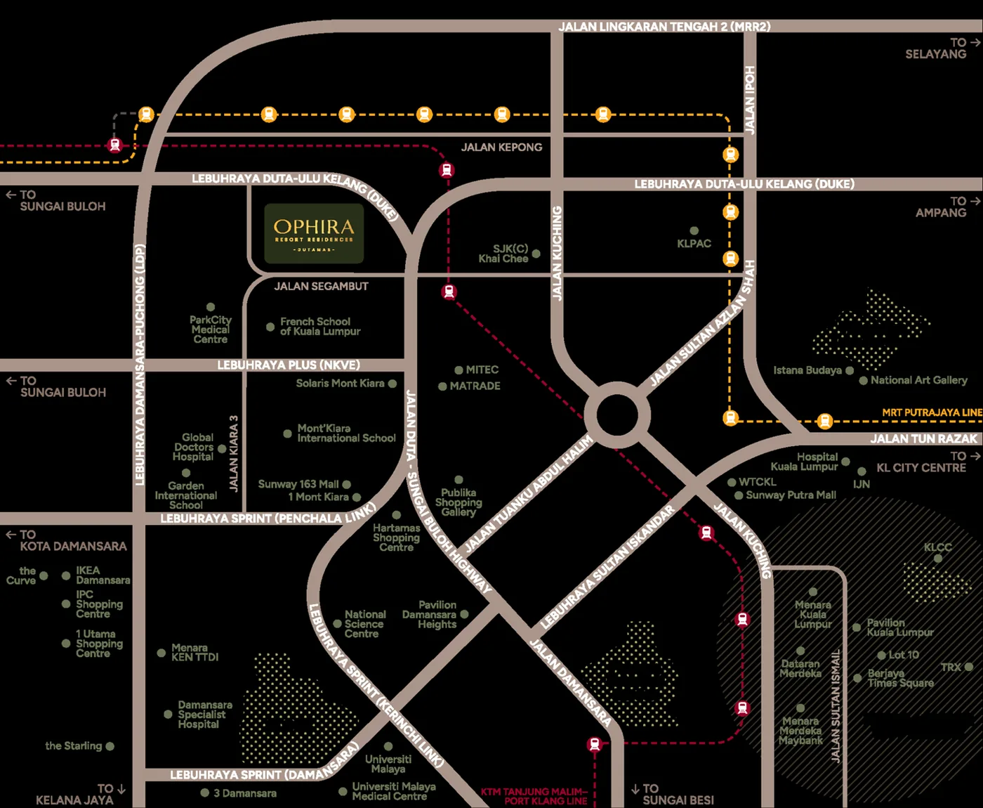 Location map showing Ophira near Dutamas, Mont Kiara, roads, rail, schools and retail destinations